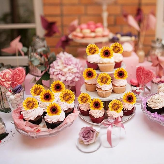 40Pcs Edible Sunflower Cupcake Toppers Wafer Paper Flower Themed Party Birthday Toppers Drink Topper Picks Girl Birthday Theme Cake Decorations for Supplies Anniversary Party Decoration