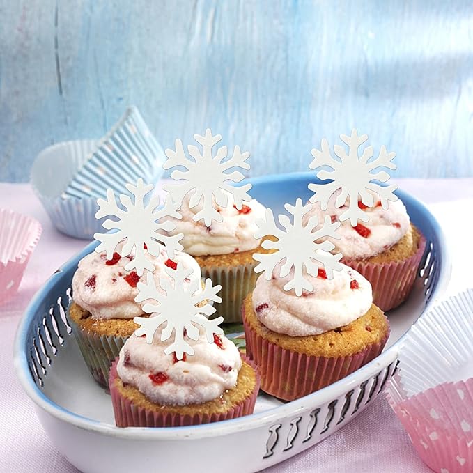 50 PCS White Edible Snowflake Cupcake Toppers Wafer Paper Snowflake Frozen Cupcake Picks Edible Frozen Cake Toppers for Christmas Winter Frozen Theme Baby Shower Birthday Party Decorations Supplies