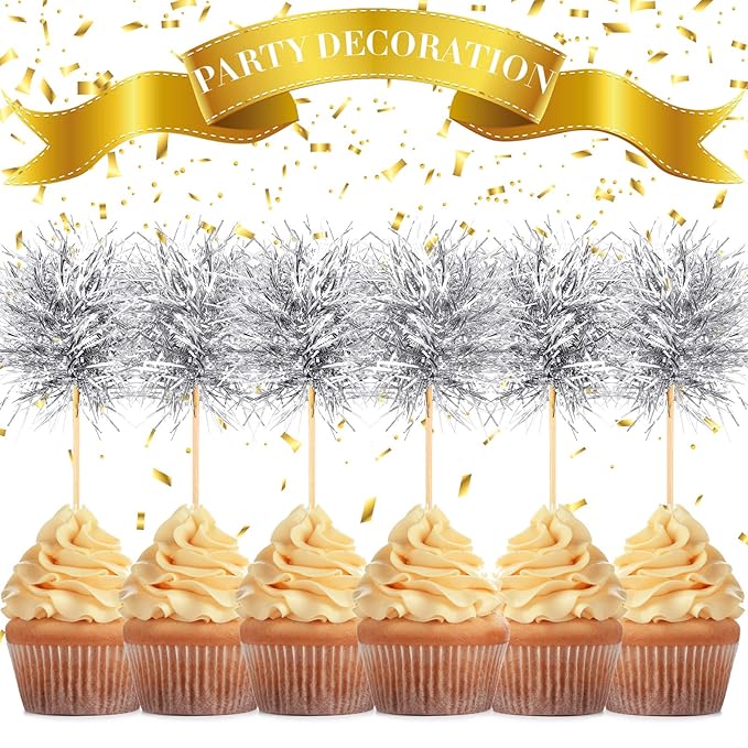Chinco 100 Pcs Foil Firework Cupcake Toppers Sparkle Tinsel Cake Toppers Cake Decoration Cocktail Fruit Toothpick for Birthday Wedding Graduation Party(Silver)
