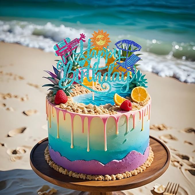 1 Pack Summer Beach Happy Birthday Cake Topper Tropical Hawaiian Water Gun Cake Pick Glitter Umbrella Pool Holiday Cupcake Decoration for Summer Baby Shower Birthday Party Supplies Blue