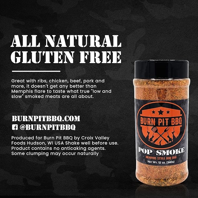 Burn Pit BBQ Pop Smoke Memphis Style BBQ Rub - Great with Ribs, Poultry, Beef, and Pork - 0g Sugar and 1g Carbs - All-Natural, Gluten-Free, Non-GMO and No MSG - Veteran Owned - 12 oz (340g)
