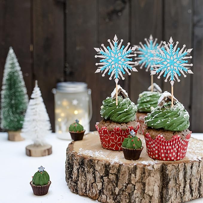 24 PCS Snowflake Cupcake Toppers Assemble Glitter Double Layers Winter Snowflake Cupcake Picks for Winter Wonderland Baby Shower Birthday Merry Christmas Party Cake Decorations Supplies