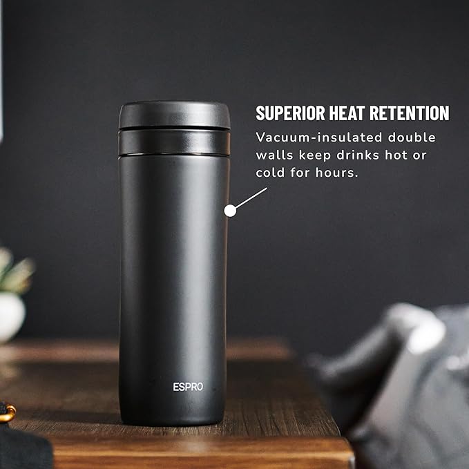 ESPRO P1 12 Ounces French Press Coffee Maker for Travel, Double-Walled Stainless Steel Vacuum Insulated, Matte Meteorite Black