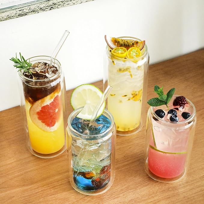 LIBWYS 16oz Double Wall Drinking Glass Cups with Bamboo Lids and Straws, 4 Pc Set ??Condensation Resistant Insulated Glass Can Tumblers for Cold Drinks, Iced Coffee, Tea, Juice, Cleaning Brush