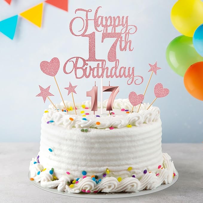 17th Birthday Cake Decorations, 17th Birthday Candles Cake Numeral Candles and Glitter Happy 17th Birthday Cake Toppers Set for Birthday Party Supplies (Rose Gold)