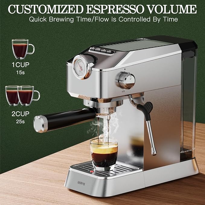 Espresso Machine 20 Bar - Stainless Steel Silver Coffee Maker for Home & Office, Compact with Fast Heating, High-Pressure & Removable Water Tank for Coffee Lovers