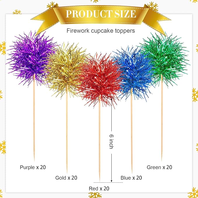 Chinco 100 Pcs Foil Firework Cupcake Toppers Sparkle Tinsel Cake Toppers Cake Decoration Cocktail Fruit Toothpick for Birthday Wedding Graduation Party(Bright Color)