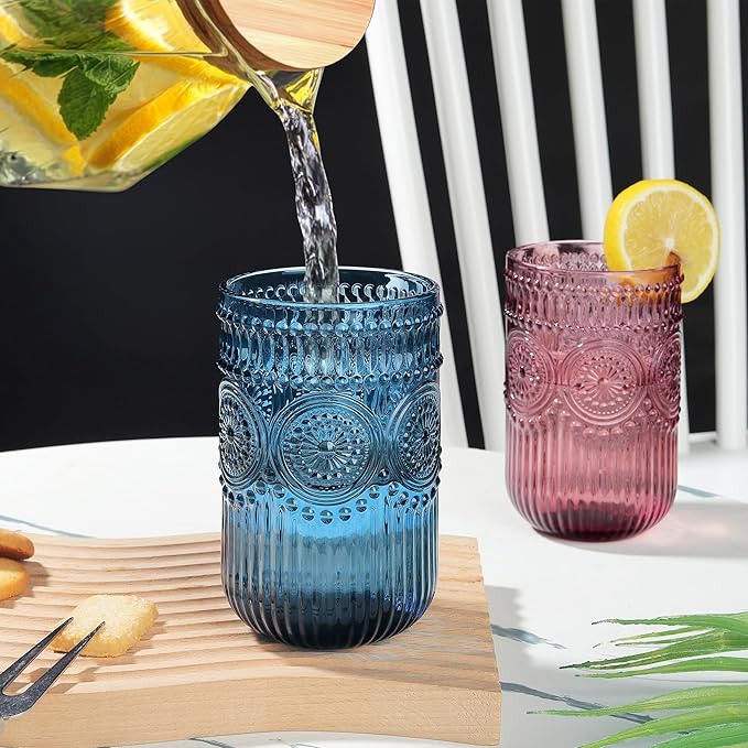 Joeyan Vintage Drinking Glasses Set of 4,14 oz Embossed Sunflower Beaded Highball Glass Water Tumbler Cups,Colored Romantic Glassware for Beverages Cocktail Juice Wine,Multicolor,Dishwasher Safe