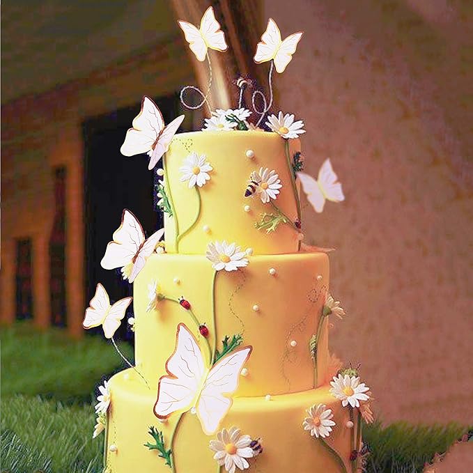 30pcs White Gold Edge Mixed Size Lively 3D Waterproof Butterfly Cupcake Topper for Girls Women's Happy Birthday Wedding Party Cake Wall Party Food Decorations