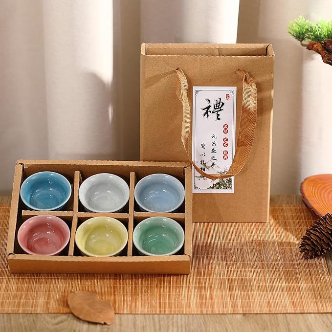 Skyley 6 Pieces Korean Soju Shot Glasses Sets Porcelain Cups Korean Ceramic Cups Tea Accessories Drinkware, Handcrafted Ceramic (Morandi,Classic Pattern)