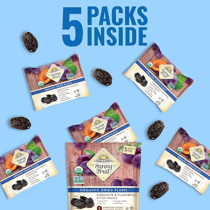 Sunny Fruit Soft Organic Prunes - 6 Bags (30 Individual Portion Packs) | No Preservatives, No Sugar Added | Healthy, Convenient Dried Plums Snack Packs | ORGANIC, NON-GMO, VEGAN, HALAL, KOSHER