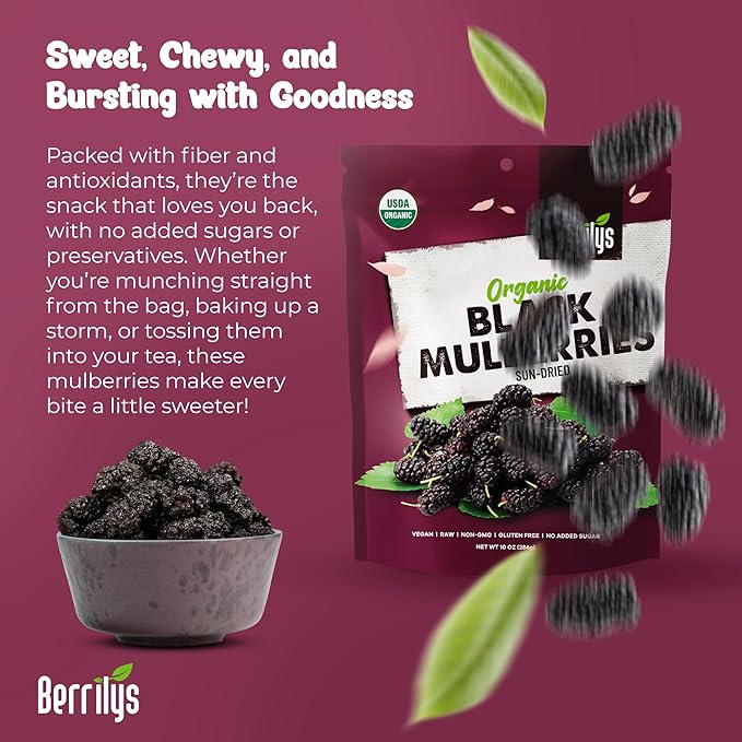 Berrilys Organic Dried Mulberries, Black, Dried Mulberry, Non-GMO, Unsulfured, Raw, 10 oz, Healthy Snacking, Great Ingredient for Baking Purposes, Vegan, Natural