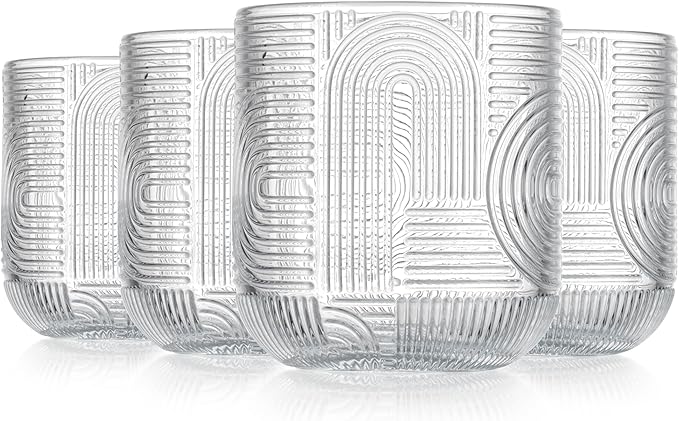 Glaver's Whiskey Glasses 13 oz Rocks Glass Double Old Fashioned Set of 4 DOF Home Bar Glasses Embossed Designed Elegant Clear Modern Vintage Drinking Glassware