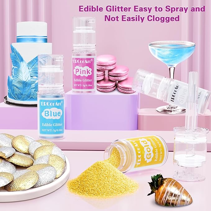 Edible Glitter Spray - 4 Color Edible Glitter for Drinks, Food Grade Edible Luster Dust, Cake Decorating Shimmering Glitter, Metallic Powder Glitter for Baking, Chocolate, Candy, Icing - 5g Each