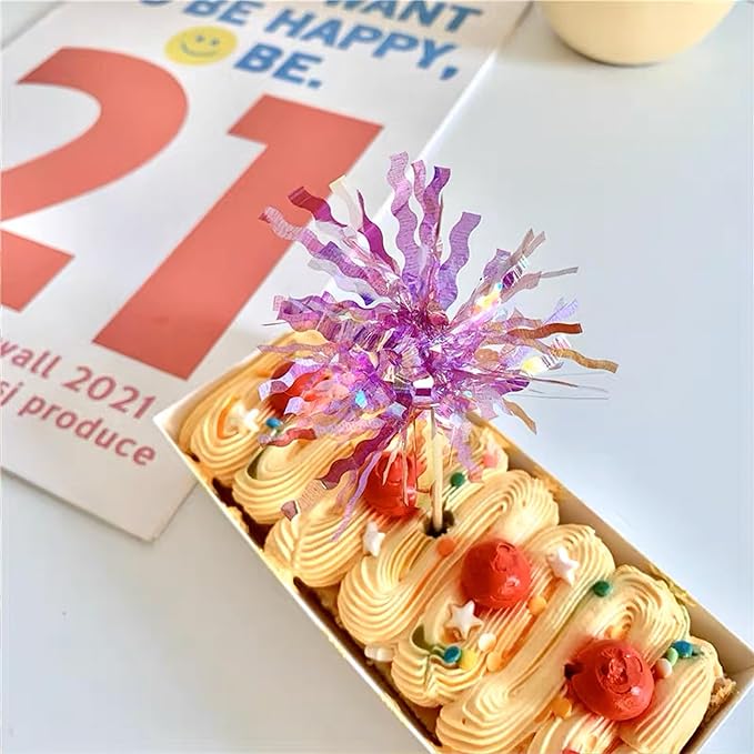 30PCS Foil Firework Cupcake Toppers, Happy Birthday Orange Cake Toppers, Sparkle Tinsel Flower Drink Stirrers Cocktail Food Fruit Toothpicks for Cake Decoration Party Supplies