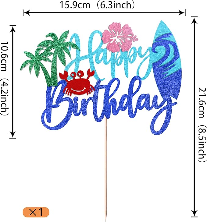 Rsstarxi 1 Pack Beach Happy Birthday Cake Topper Glitter Flower Crab Palm Leaf Surfboard Cake Pick for Beach Surfing Hawaii Luau Theme Baby Shower Kids Boys Girls Birthday Party Cake Decorations