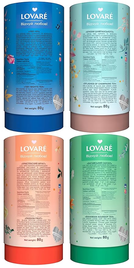 LOVARE Loose Leaf Tea 80 g - Made in Ukraine - Assorted Tea - 1001 Night, Passion Fruit, Sparkling Splashes, Bahamian Soursop - Gift Box with 60 Paper Filters ??Easy to Brew Flavored tea