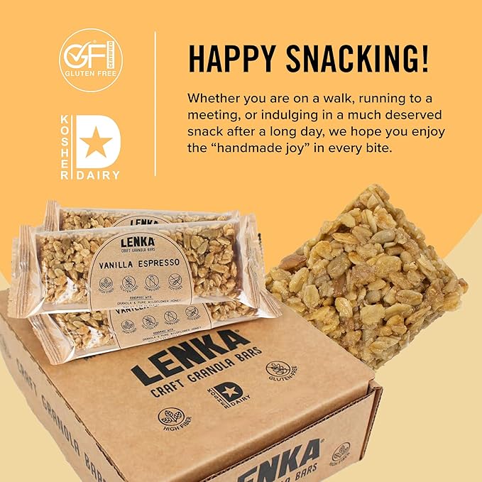Lenka Bars - Vanilla Espresso Snack Bars, Gluten Free, High Fiber, Kosher, Wholesome, No Artificial Flavors, Individually Wrapped - 12 Pack