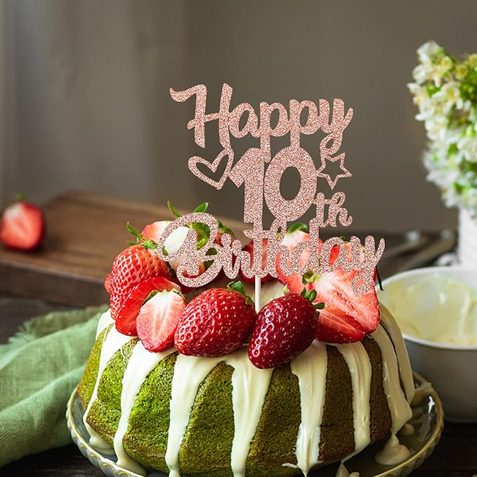 1 Pack Happy 10th Birthday Cake Topper Glitter Heart Star 10 Fabulous Cake Pick Birthday Sign Cake Decorations for Children 10th Birthday Theme Party Supplies Rose Gold