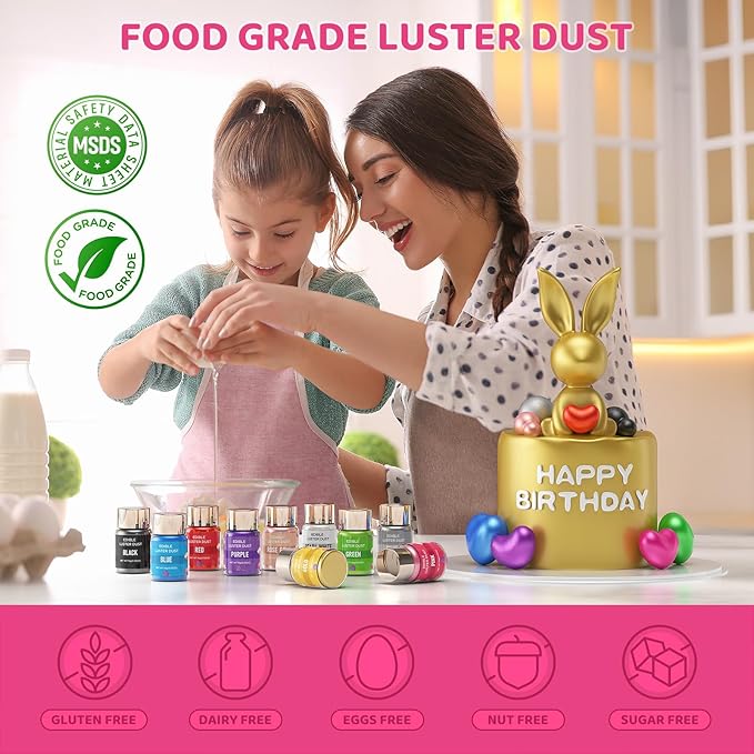 Luster Dust Edible - 15 Grams Food Grade Cake Dust Shimmer Powdered, Cherrysea Powder Luster Dust Food Coloring for Cocktails, Christmas Cookie Decorations, Cake, Drinks, Fondant, Candy - 15g/Bottle (2-Pink)