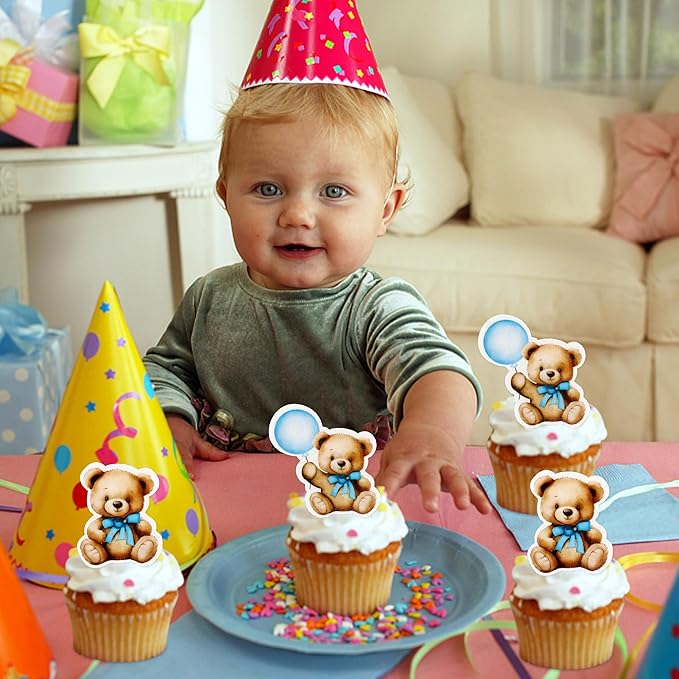40 PCS Edible Baby Shower Bear Cupcake Toppers Drink Topper Selection Baby Bear Theme Baby Shower Decorative Supplies Jungle Animal Theme Birthday Party Cake Decorative Supplies Blue