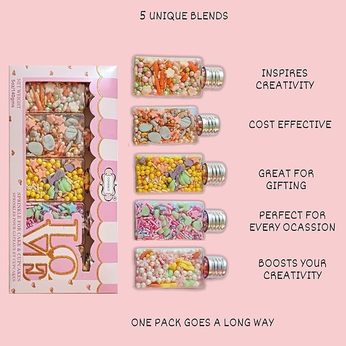 Confect Easter Sprinkles Edible | Assorted pack of 5 White, Pink and Gold Pearls, vermicelli , Easter Bunny & Stars I Cookies, Desserts & cupcake Decorating | Edible Sprinkles Mix for Baking & Cake