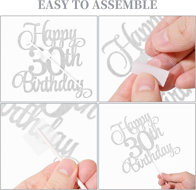30th Birthday Cake Toppers, 30th Birthday Candles Numeral Candles and Glitter Cake Decorations Toppers Set for Party Supplies (Silver)