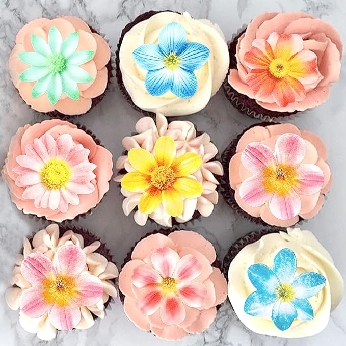 40Pcs Edible Flowers Cupcake Toppers Wafer Paper Flower Themed Party Picks Flowers Drink Topper Girl Birthday Theme Cake Decorations for Baby Shower Party Party Supplies