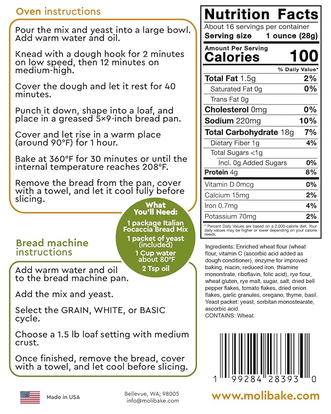 Molibake Italian Focaccia Bread Mix ??Pack of 2 ??Premium Artisan Italian Bread Mix for Bread Machine and Oven ??15 oz ??All-Natural Gourmet Mediterranean Blend with Bell Pepper, Tomato, Onion, Garlic & Herbs ??Easy Homemade Baking