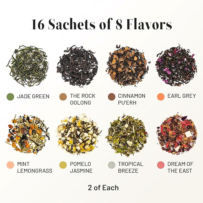 CHAYEAH, Premium Tea Collection (16 Pyramid Tea Sachets, 8 Assorted Flavors), Green, Black, Oolong, Pu?셞rh & Herbal Tea Sampler Variety Pack, Caffeinated and Non-Caffeinated, Whole Leaf Tea Bag