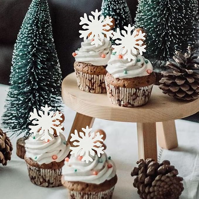 50 PCS White Edible Snowflake Cupcake Toppers Wafer Paper Snowflake Frozen Cupcake Picks Edible Frozen Cake Toppers for Christmas Winter Frozen Theme Baby Shower Birthday Party Decorations Supplies