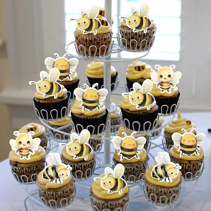 60 Pack Edible Bumble Bee Cake Topper Oh Babee Cupcake Picks Water Bumble Cake Decorations for Christmas Boy or Girl Baby Shower Kids Birthday Party Supplies