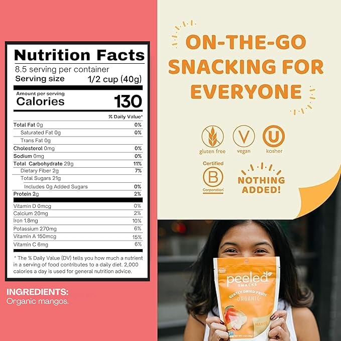 Peeled Snacks Organic Dried Fruit ??Healthy, Vegan Snacks for On-the-Go Lunch and More Mango, 12 Oz (Pack of 1)