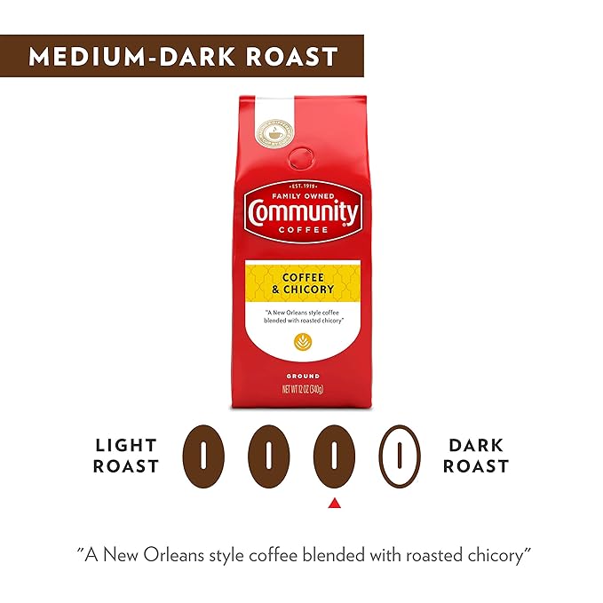 Community Coffee Coffee and Chicory Blend Coffee, Medium Dark Roast Ground Coffee, 32 Ounce Bag (Pack of 4)