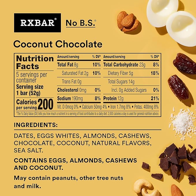 RXBAR Protein Bars, 12g Protein, Gluten Free Snacks, Coconut Chocolate (6 Boxes, 30 Bars)
