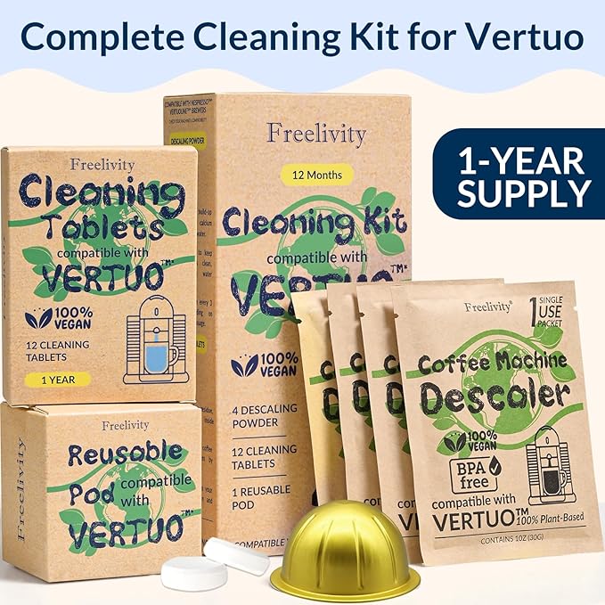 Nespresso Compatible Vertuo Cleaning & Descaling Kit ??1 Year Supply. Includes 4 Descaling Powder Solution, 12 Cleaning Tablets, 1 Reusable Pod, Eco-Friendly Vertuoline Maintenance Kit