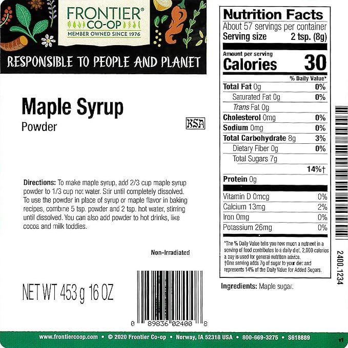 Frontier Co-op Maple Syrup Powder, 1lb Bulk Bag, Pure Maple Sugar, Natural Sweetener, Maple Powder - Perfect Sugar Alternative for Teas, Baking & More