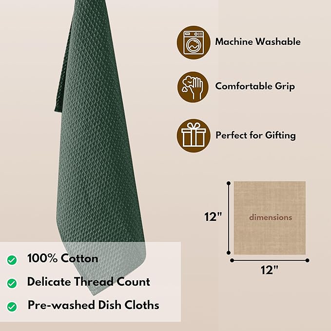 Native Fab 12 Pack Waffle Dish Cloths - 100% Cotton, Absorbent, Fast Drying, Reusable Towels for Cleaning, Cooking - Great for Everyday Use, Home, Restaurants, Bars & Cafes - 12" x 12" - Forest Green