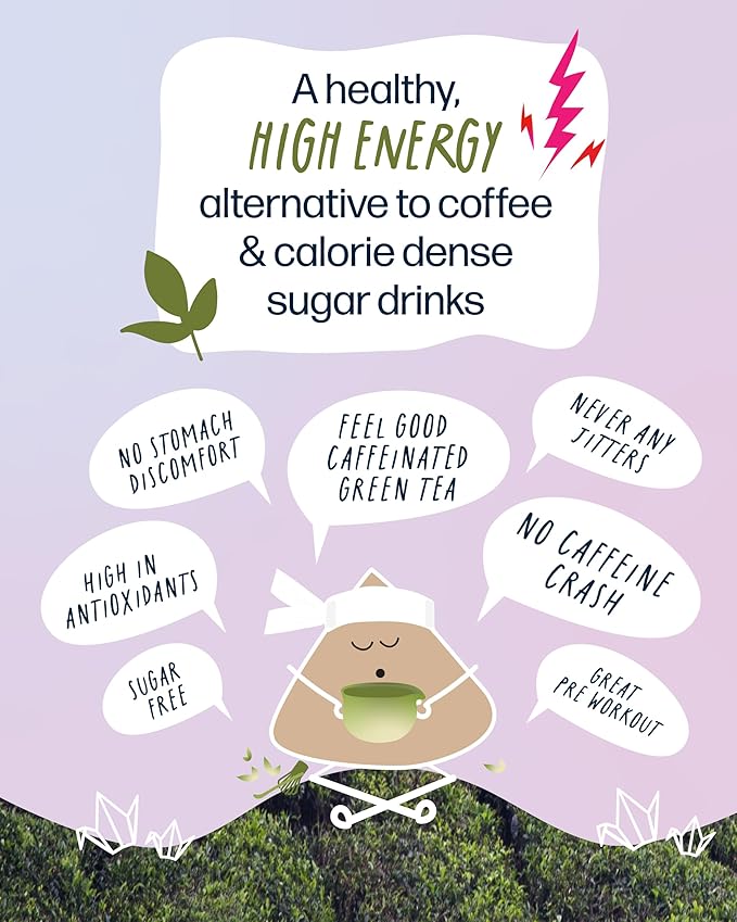 Kubo Tea Japanese Sencha Matcha Tea - Organic High Caffeine Energy Blend w/ Matcha Powder - 20 Pillow Tea Bags (140mg Caffeine each) - Coffee Substitute for Hot & Iced Drinks, Biodegradable & Compostable Packaging