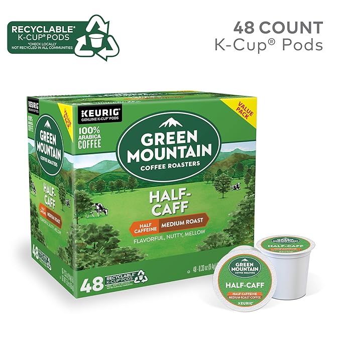 Green Mountain Coffee Roasters Half Caff, Single-Serve Keurig K-Cup Pods, Medium Roast Coffee Pods, 48 Count
