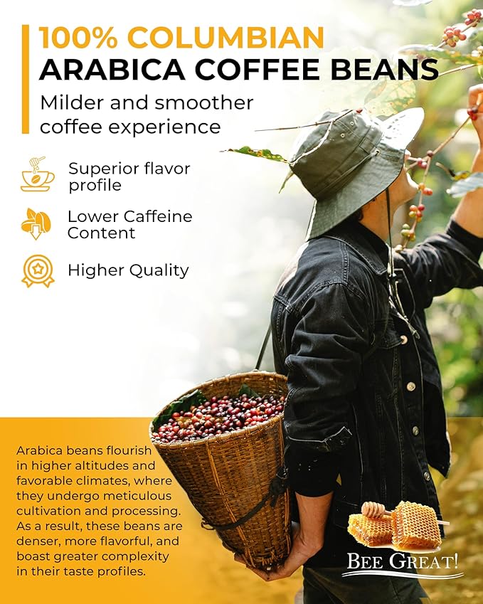Bee Great Honey Coffee ??Medium Roast Ground Organic Arabica Beans Infused with Pure Honey ??Smooth, Not Too Sweet, No Artificial Sweeteners or Flavorings ??12oz Bag