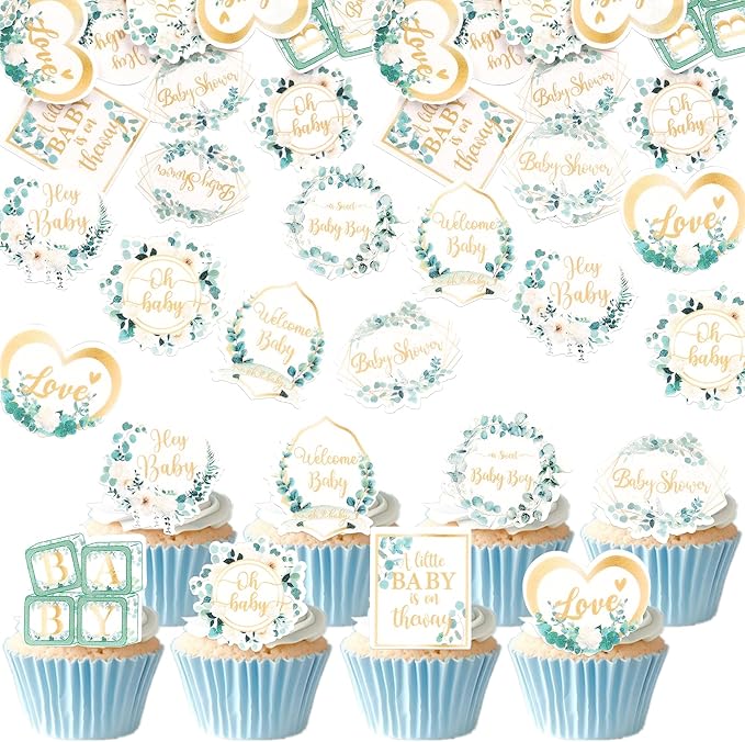 64 PCS Edible Oh Baby Cupcake Toppers Wafer Paper Love Baby Shower Cake Decorations Edible Baby in Bloom Welcome Baby Boy Cupcake Picks for Baby Shower Boys Birthday Party Decorations Supplies