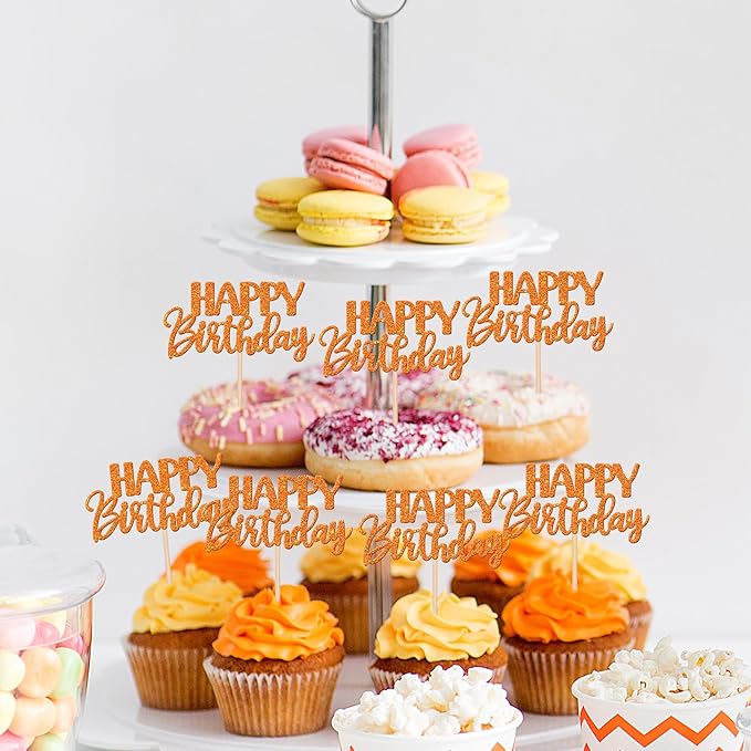30 PCS Happy Birthday Cupcake Toppers Glitter Happy Birthday Cupcake Picks for Celebrating Birthday Anniversary Theme Party Cake Decorations Supplies Orange