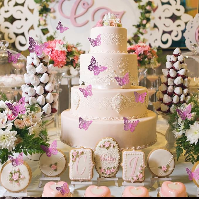 72 Pcs Butterfly Decorations, 3 Sizes 3 Styles Wall Decor, Party and Birthday Decorations, Pinkish Purple
