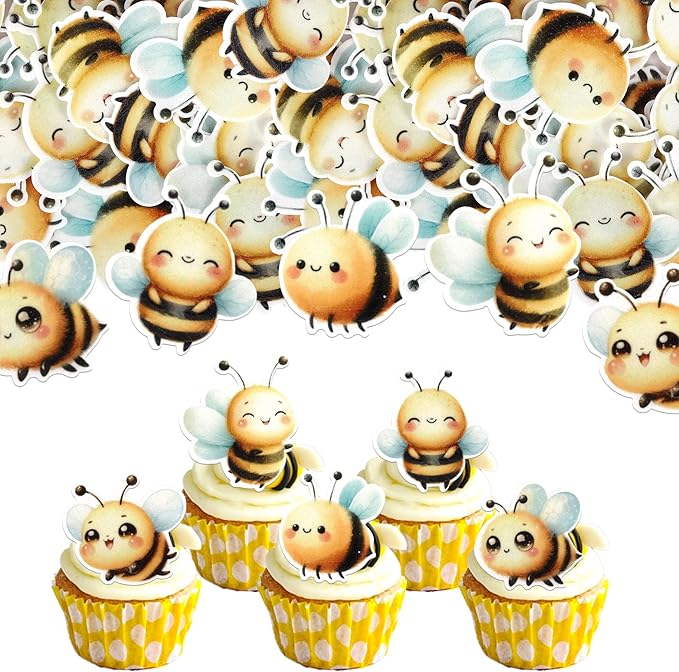60 Pack Edible Bumble Bee Gender Reveal Cake Topper Oh Babee Cupcake Picks Water Paper Bee Cake Decorations for Bumble Boy or Girl Baby Shower Kids Birthday Party Supplies