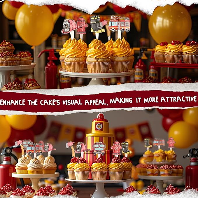 36 Pcs Firetruck Cupcake Toppers - Fireman Party Decorations - Perfect for Firetruck Birthday, Fireman Baby Shower and Fire Truck Cake Decor