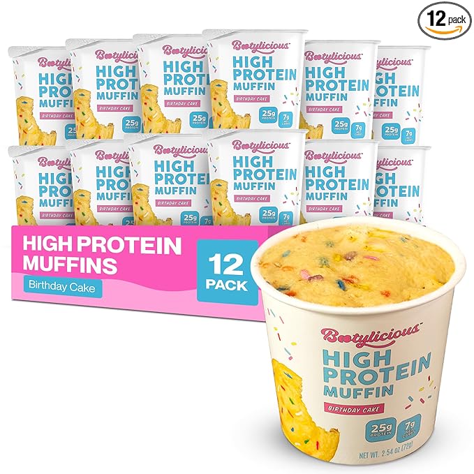Bootylicious | High-Protein Muffin | 25g Protein, 7g Net Carbs, 2.32-2.75oz Cup, 12-Pack (Birthday Cake)