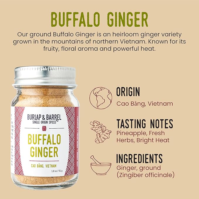 Burlap & Barrel Buffalo Ginger - Spicy, Fruity and Intense Heirloom Ginger Powder with a Bite - Add to Stir Fries, Soups, and Teas - Mother's Day Gift Ideas - 1.8oz Glass Jar