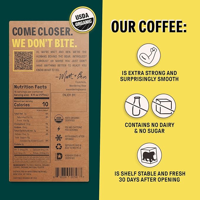 Wandering Bear Organic Caramel Cold Brew Coffee On Tap, 96 fl oz - Extra Strong, Bold, Smooth, Unsweetened, Shelf-Stable, Ready to Drink, Gluten Free, & Vegan, Iced Cold Brewed Coffee Drinks