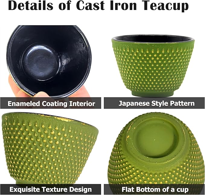 Japanese Cast Iron Tea Cups, Small and Heavy Teacups with no Handles, Japanese Style Cup for Adults, Asian Teacups, Coated with Enameled Interior, 4 Pcs/Box (Green, 2oz/60ml)